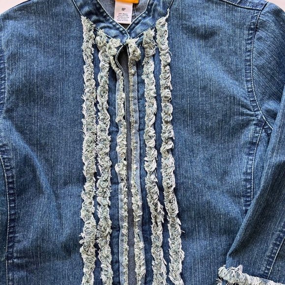 Ruby Rd Petite Blazer Denim Jacket Women's Size 8P  3/4 Sleeves Fringe Trim Blue - Picture 4 of 10